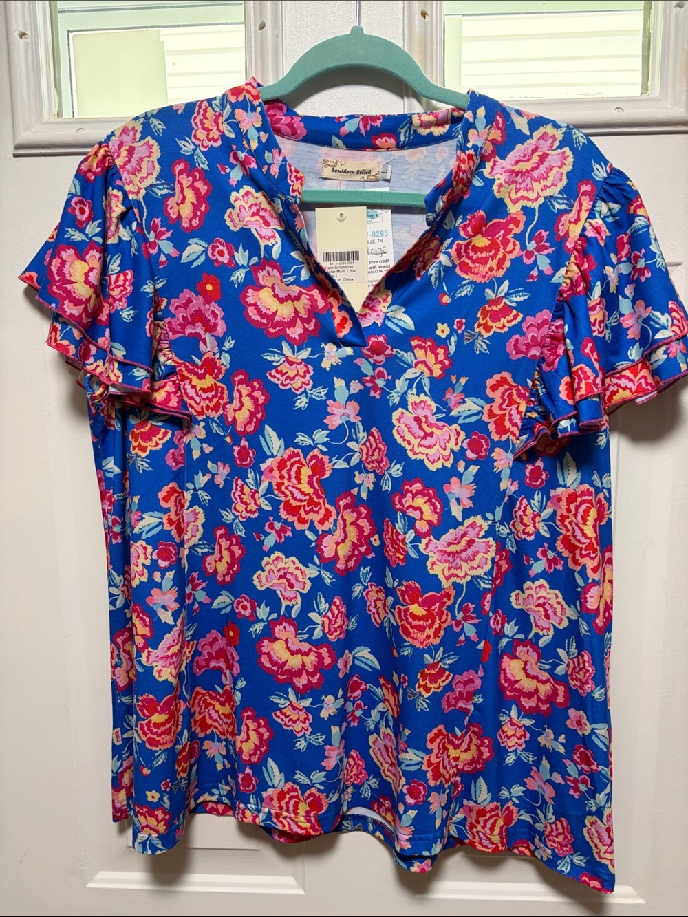 Floral V-Neck Ruffle Sleeve Blouse - Blue/Pink